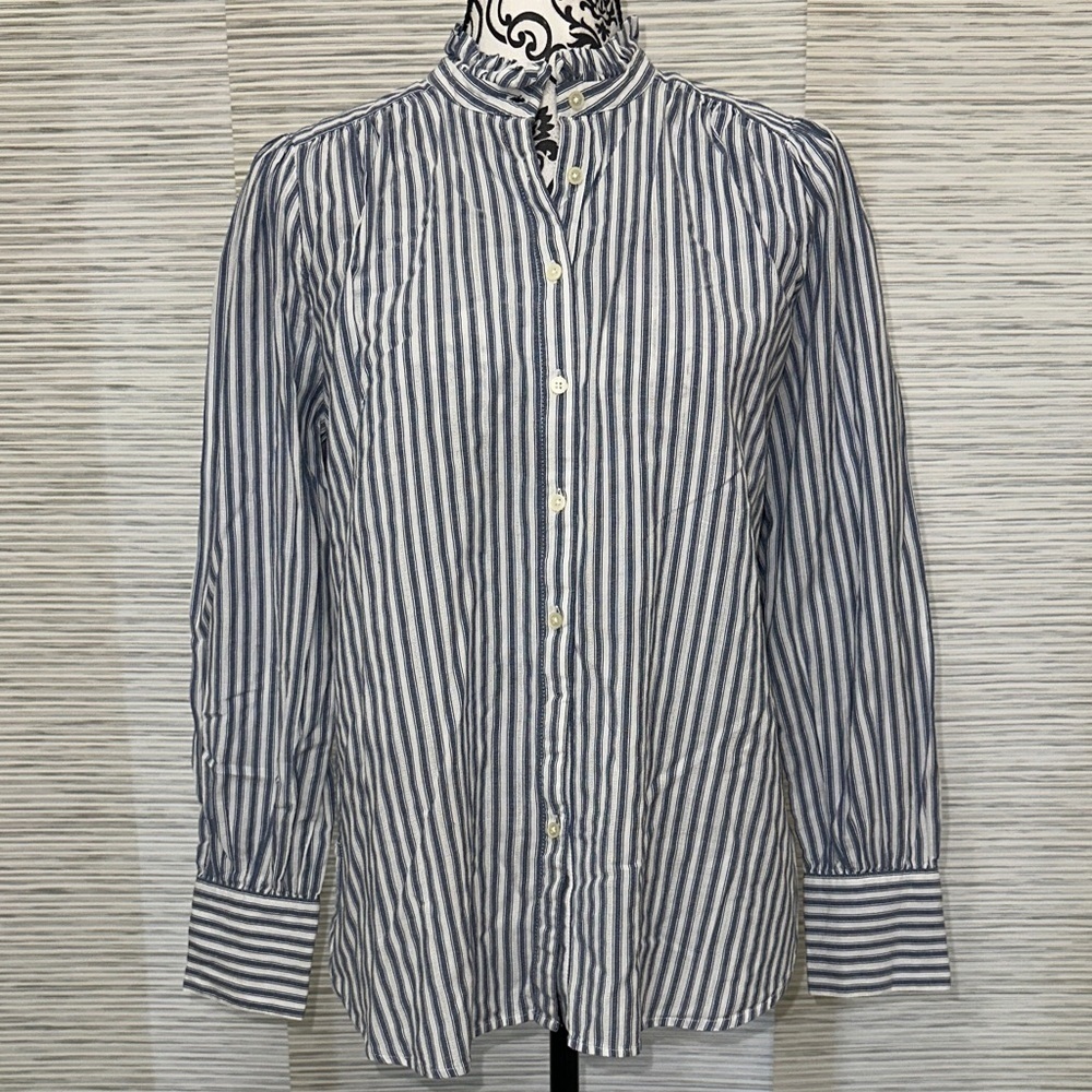 LOFT Navy and White Striped Button-Down Blouse Sz. M